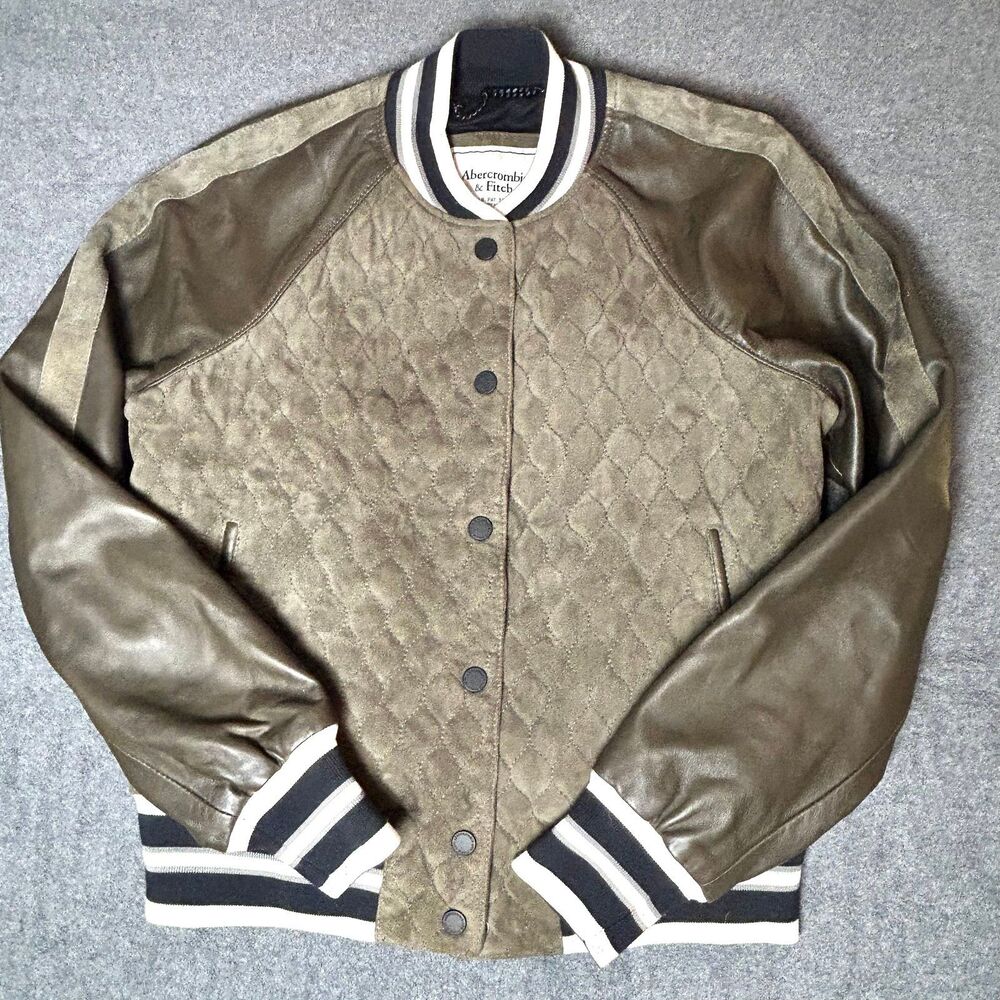 Abercrombie & Fitch 100% Leather Suede Mix Bomber Jacket Size Small Olive Green